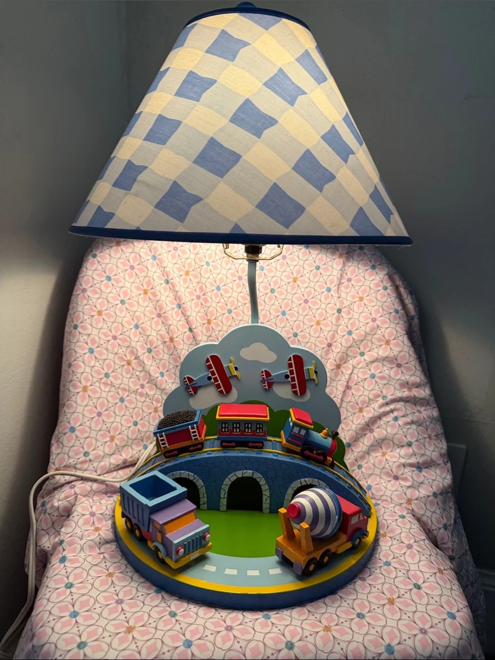 Vintage Blue and White Checkered Kids Train Table Lamp